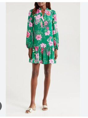 Lilly Pulitzer Evaline Dress Womens 4 Green Floral Drop Waist Ruffle Mini